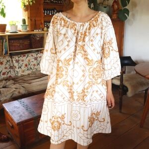 Upcycled Cross Stitched Hand Embroidered White and Gold Dress L XL
